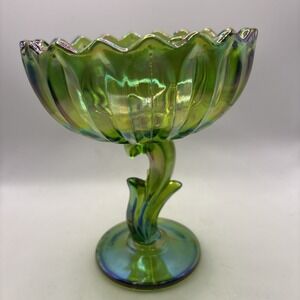 Vtg Indiana Carnival Glass Iridescent Green Lotus Blossom Pedestal Compote Dish